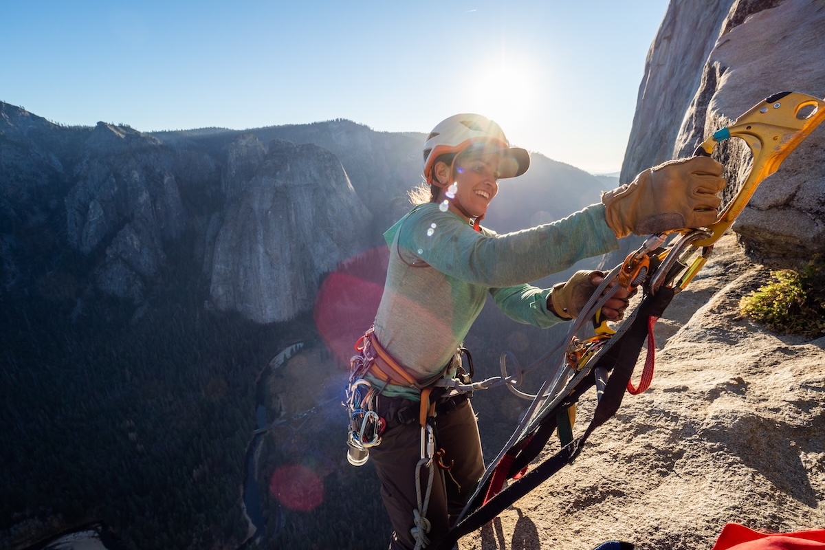 Brooke topping out on the rock climbing route Zodiac