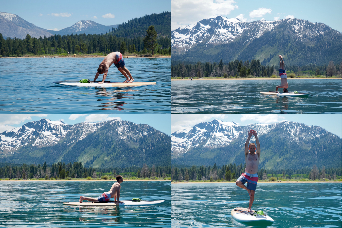 A man performs different yoga poses on the Dax DownDog stand up paddle board on Lake Tahoe